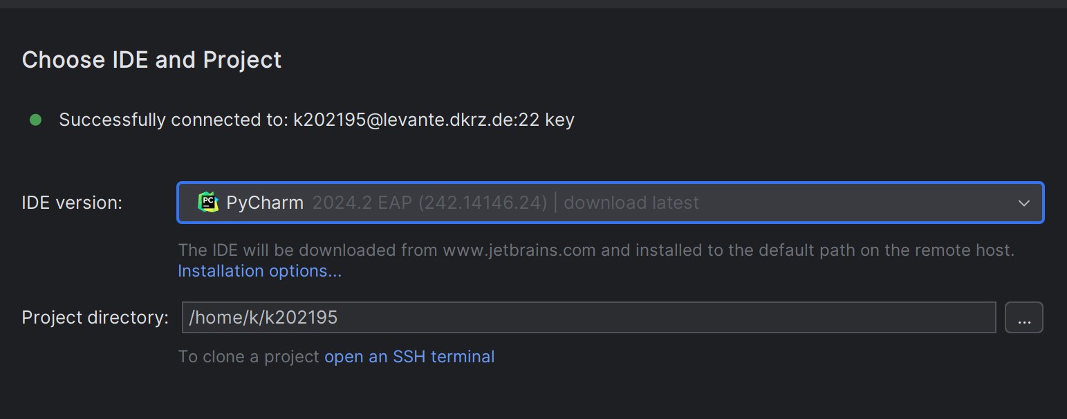 Image depicting the PyCharm window that prompts you to set the IDE Version to be installed on the remote host, as well as the project directory that you will be working in
